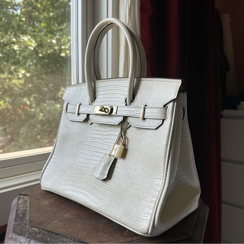Beautiful Pearl White Faux Lizard-Embossed Ainifeel Double Top Handle Handbag